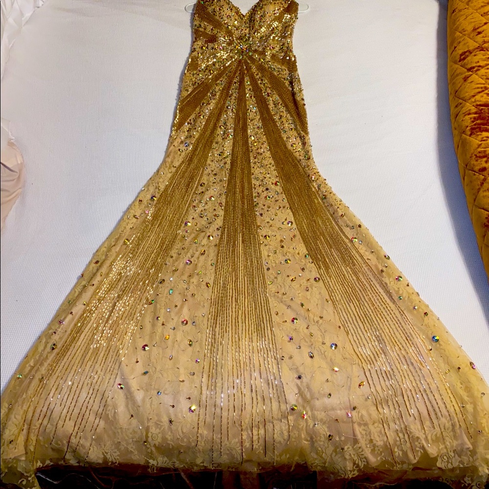 Gold beaded and sequined prom/pageant dress.